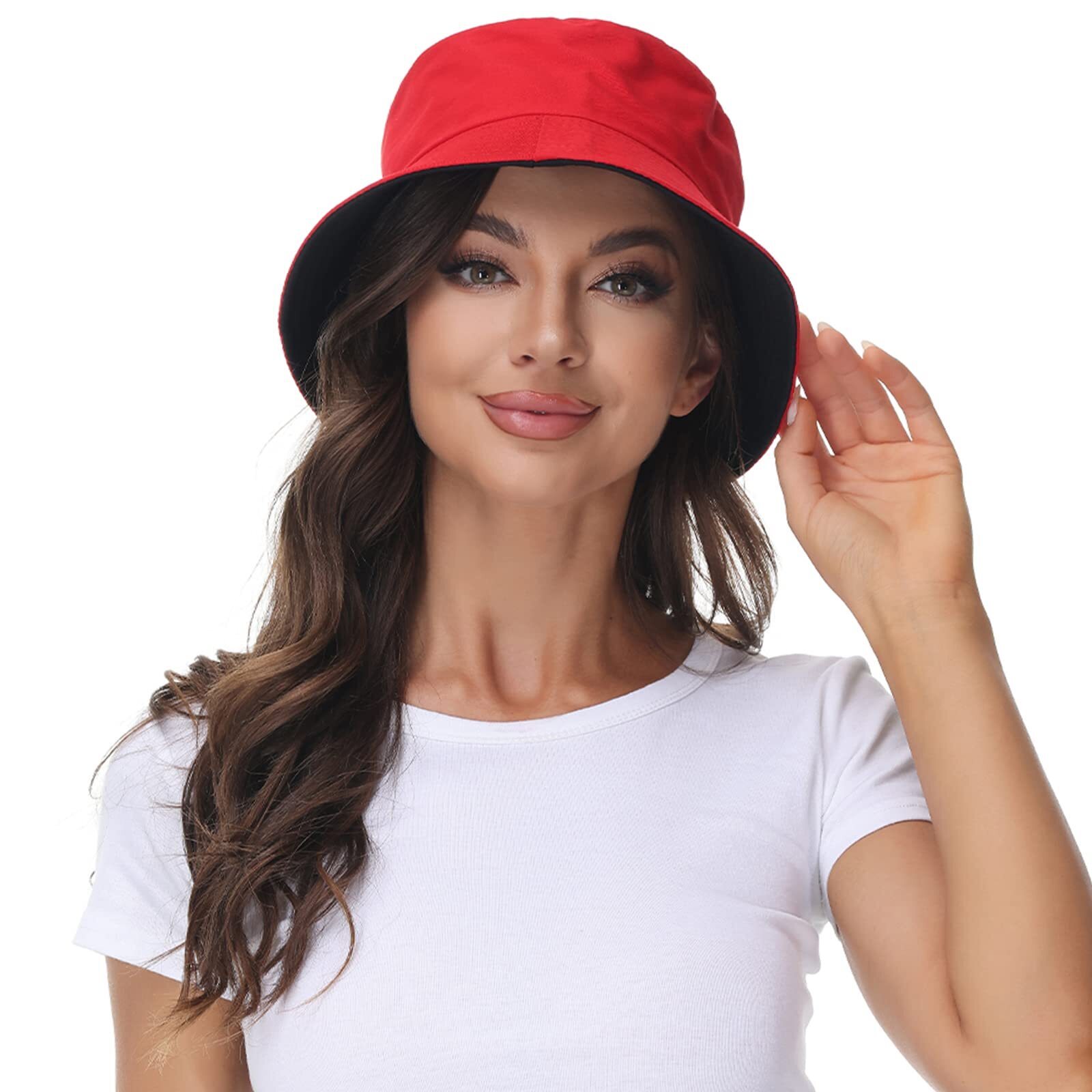 9319 Reversible Bucket Hat, Summer Sun Hat , Black- Red